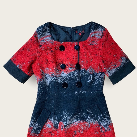 Vintage Ladies’ Wool Designer Red/Black “Spun Yarn” Short Sleeve Midi Dress 0/2 - Picture 4 of 16